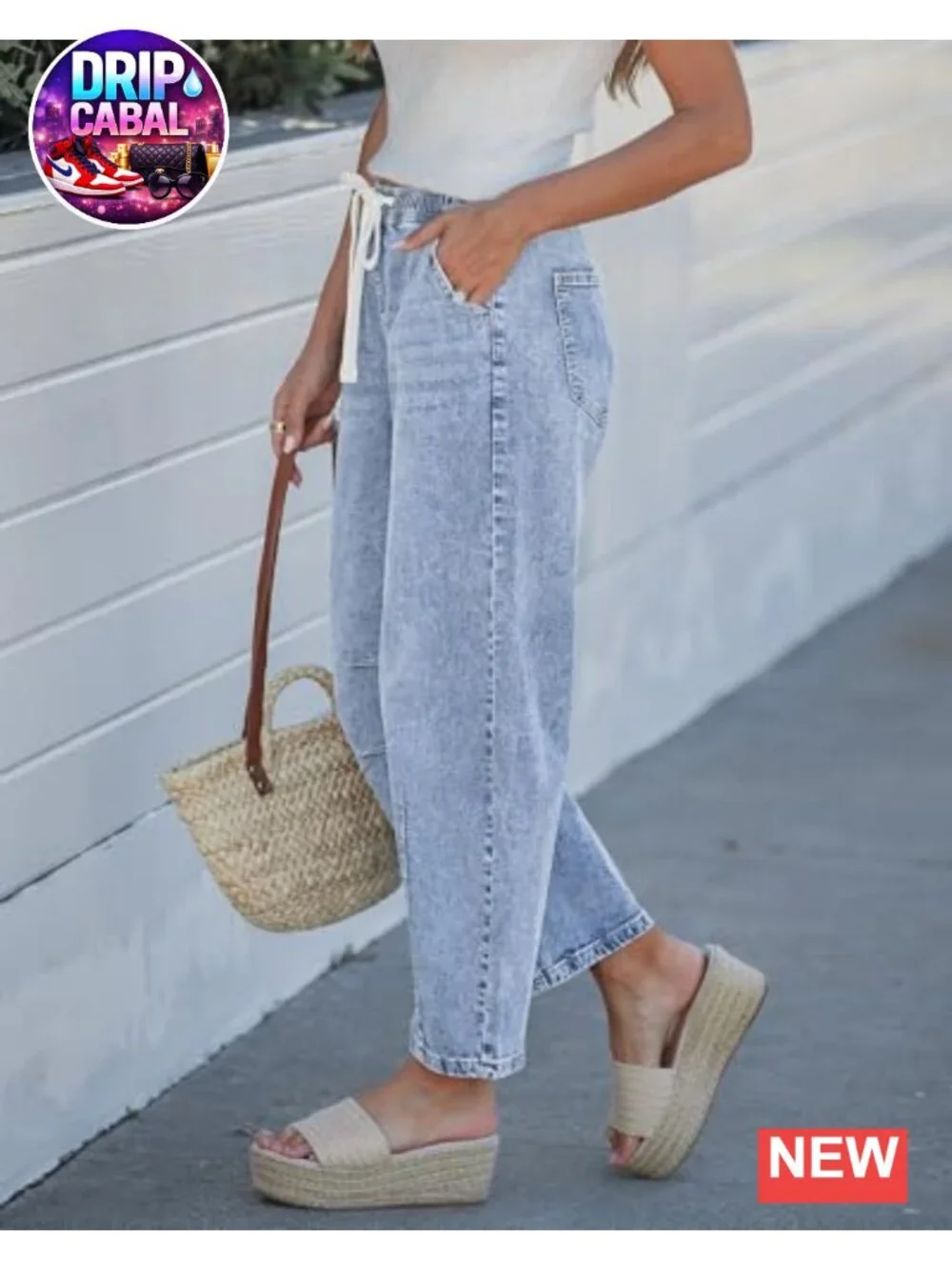 Womens High Rise Barrel Jeans Pull On Elastic Waist Crop Denim Pants Stretchy